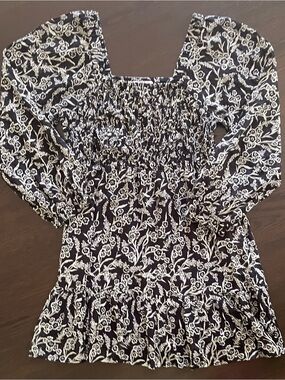 Banjanan Cotton Heron Mini Dress B&W Floral Smocked S Cottagecore Prairie Boho